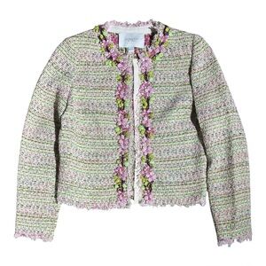 Giambattista Valli Multicolor Floral Embellishments Tweed Jacket Green Pink